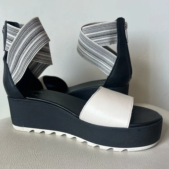 Sorel Cameron Black Leather Flatform Ankle Strap Wedge Sandal Size 9.5 - Picture 6 of 11